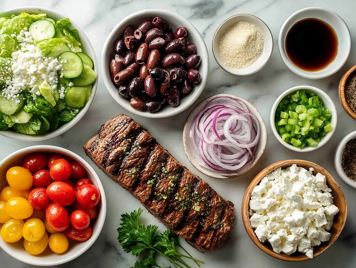 Ingredients for Grilled Mediterranean Steak Salad including steak, fresh vegetables, and herbs