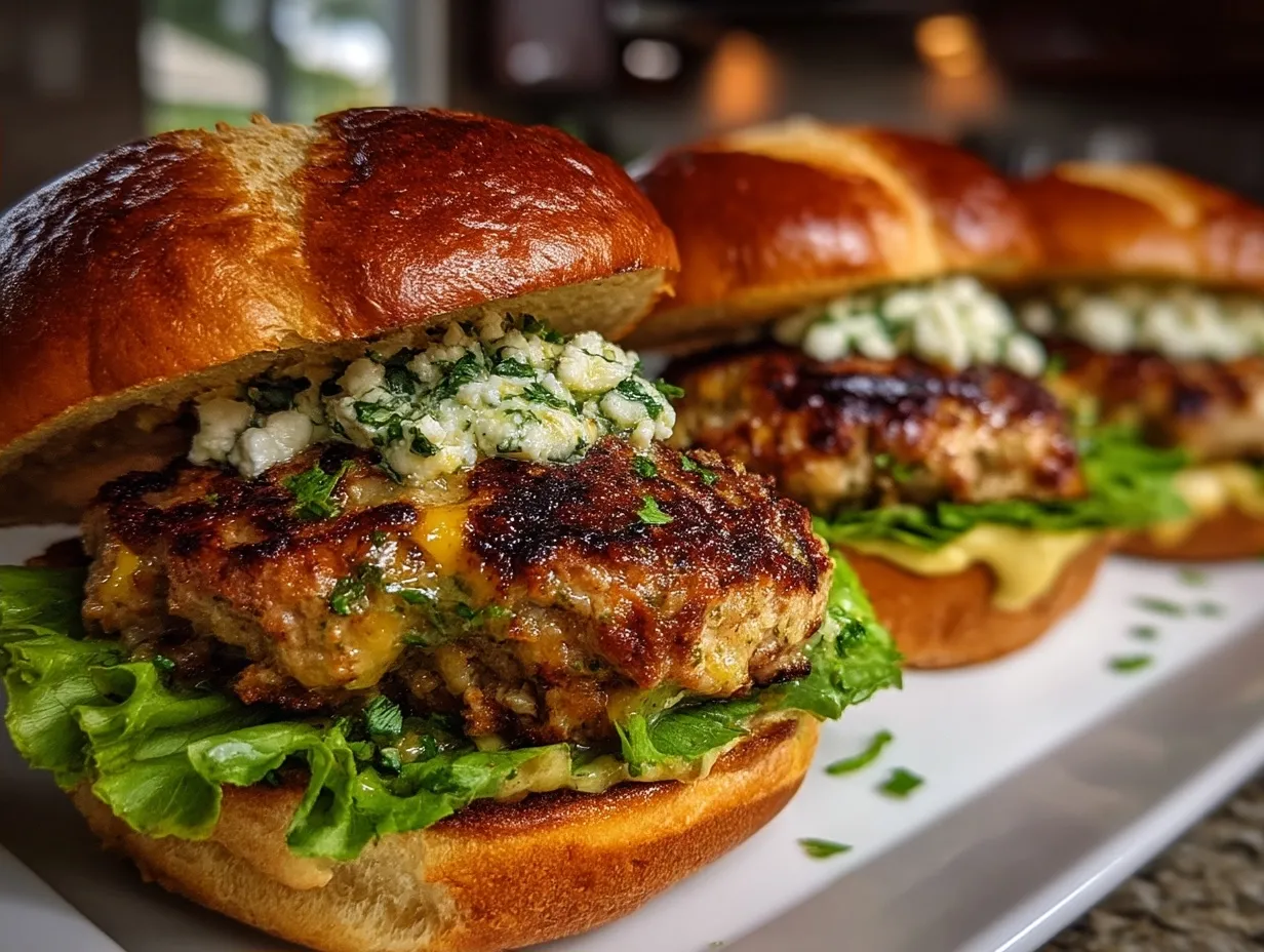 Serving Grilled Pesto Turkey Burgers with fresh toppings and sides