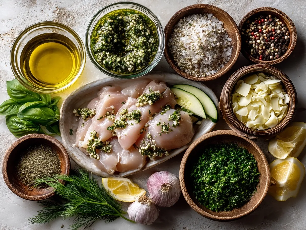 Ingredients for Grilled Pesto Turkey Cutlets laid out on a kitchen counter