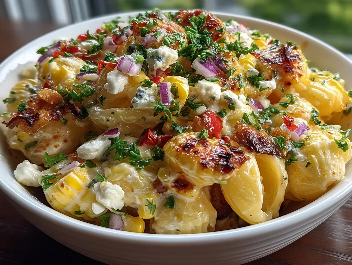 Serving bowl of Healthy Street Corn Pasta Salad with colorful vegetables and cheese