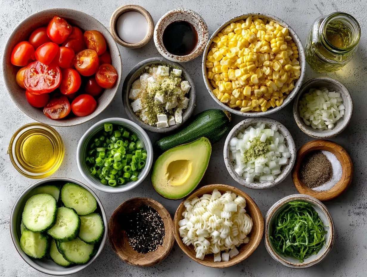 Ingredients layout for Healthy Street Corn Pasta Salad including pasta, corn, avocado, lime, and spices