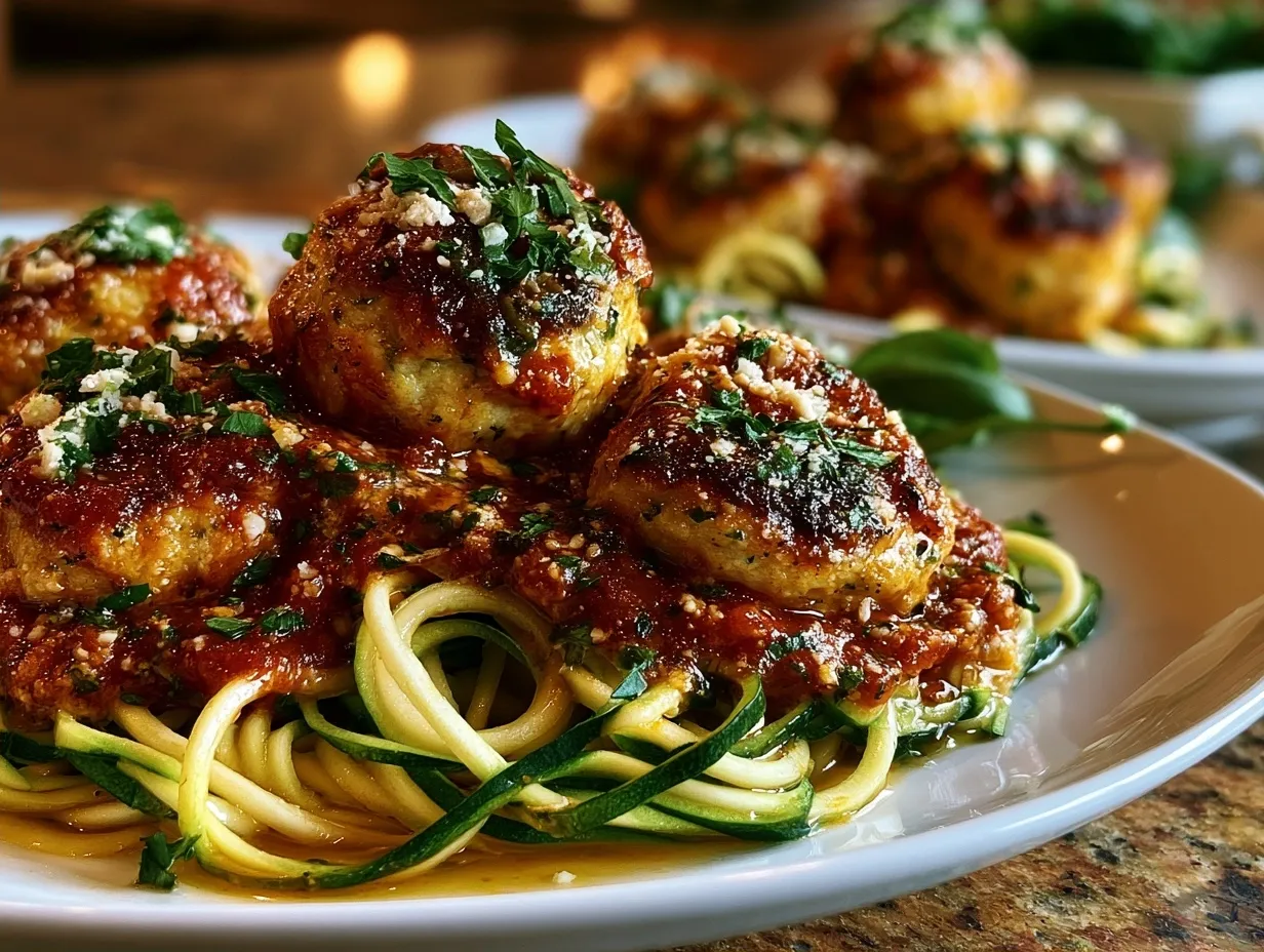 Serving healthy turkey meatballs on a bed of zucchini noodles garnished with fresh herbs