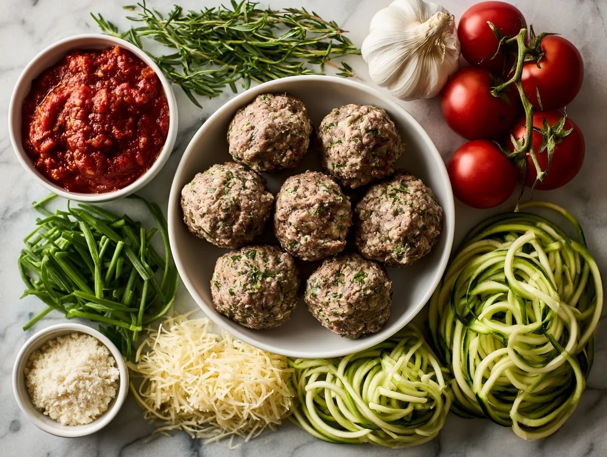 Ingredients for Healthy Turkey Meatballs with Zoodles including ground turkey, garlic, zucchini, and herbs