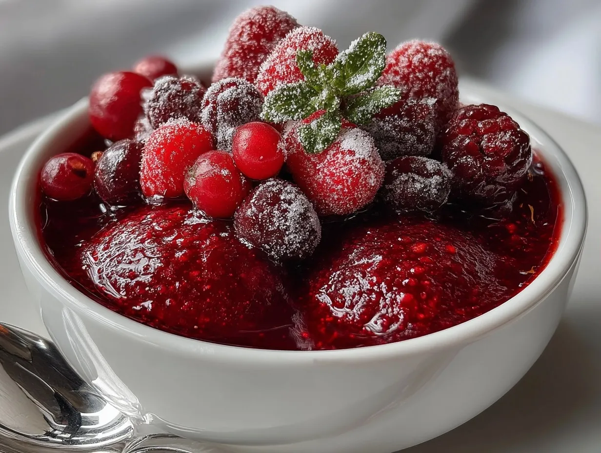 High protein mixed berry compote served over pancakes with yogurt