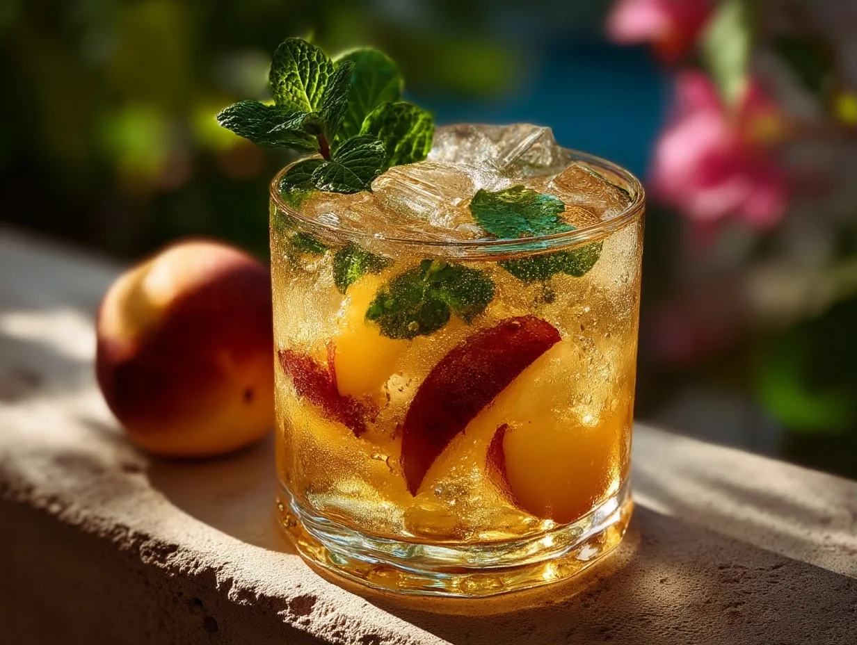Serving Iced Peach Green Tea in tall glasses garnished with peach slices and mint