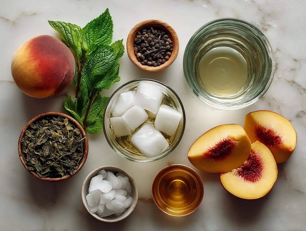 Ingredients laid out for Iced Peach Green Tea Unsweetened