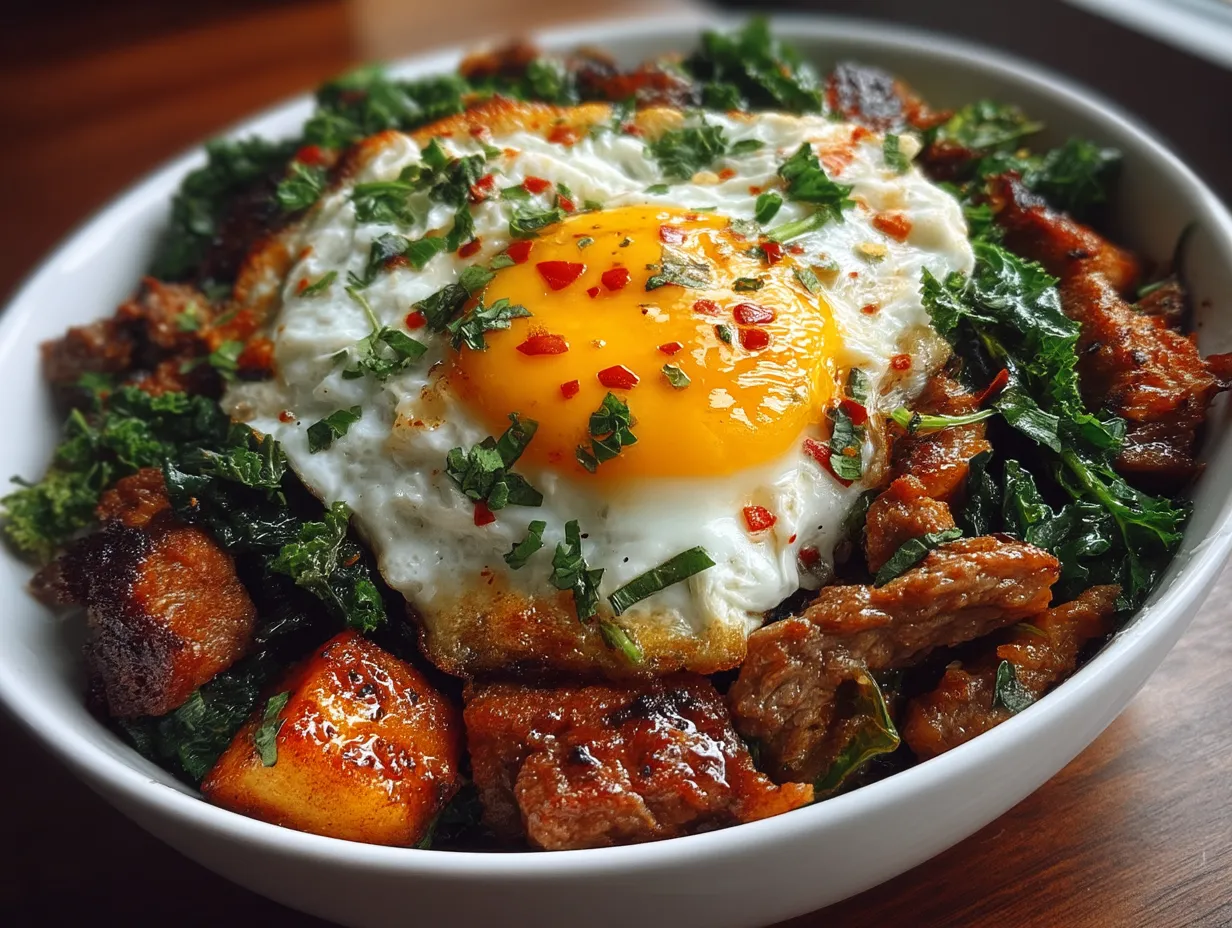 Lean Beef Kale Breakfast Bowl served in a shallow bowl with egg and avocado topping