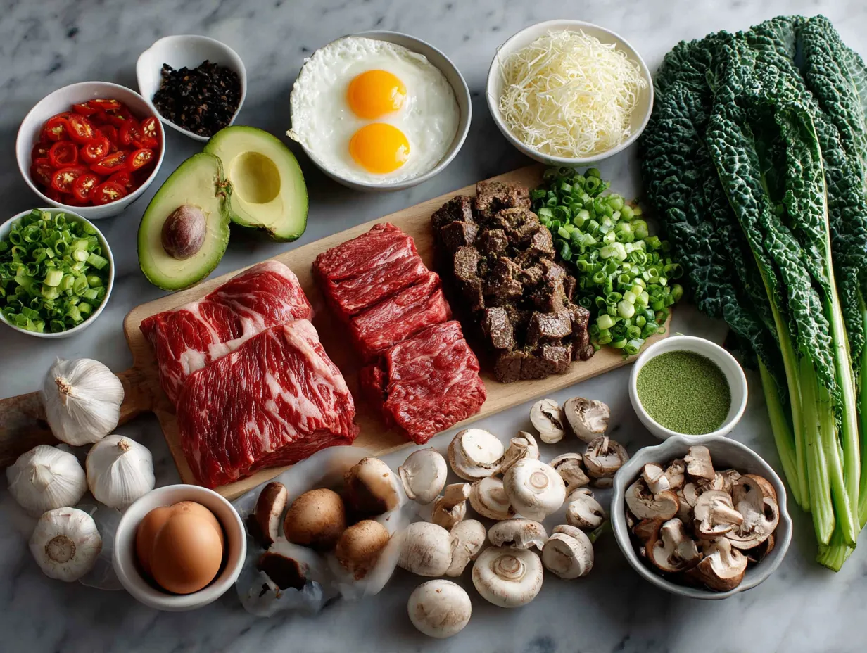 Ingredients laid out for Lean Beef Kale Breakfast Bowl including lean ground beef, fresh kale, onion, garlic, and spices