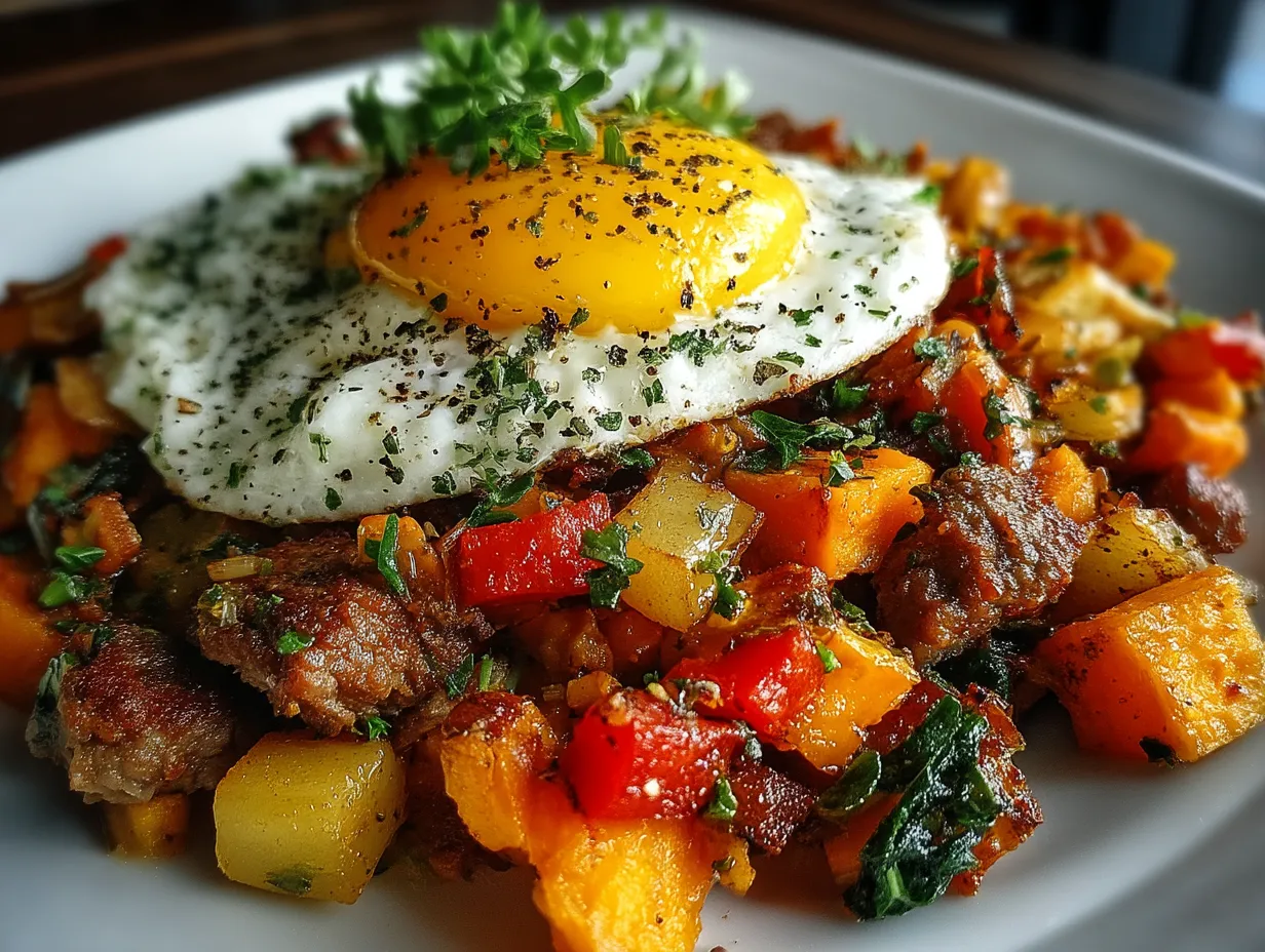 Serving Lean Beef Sweet Potato Breakfast Hash