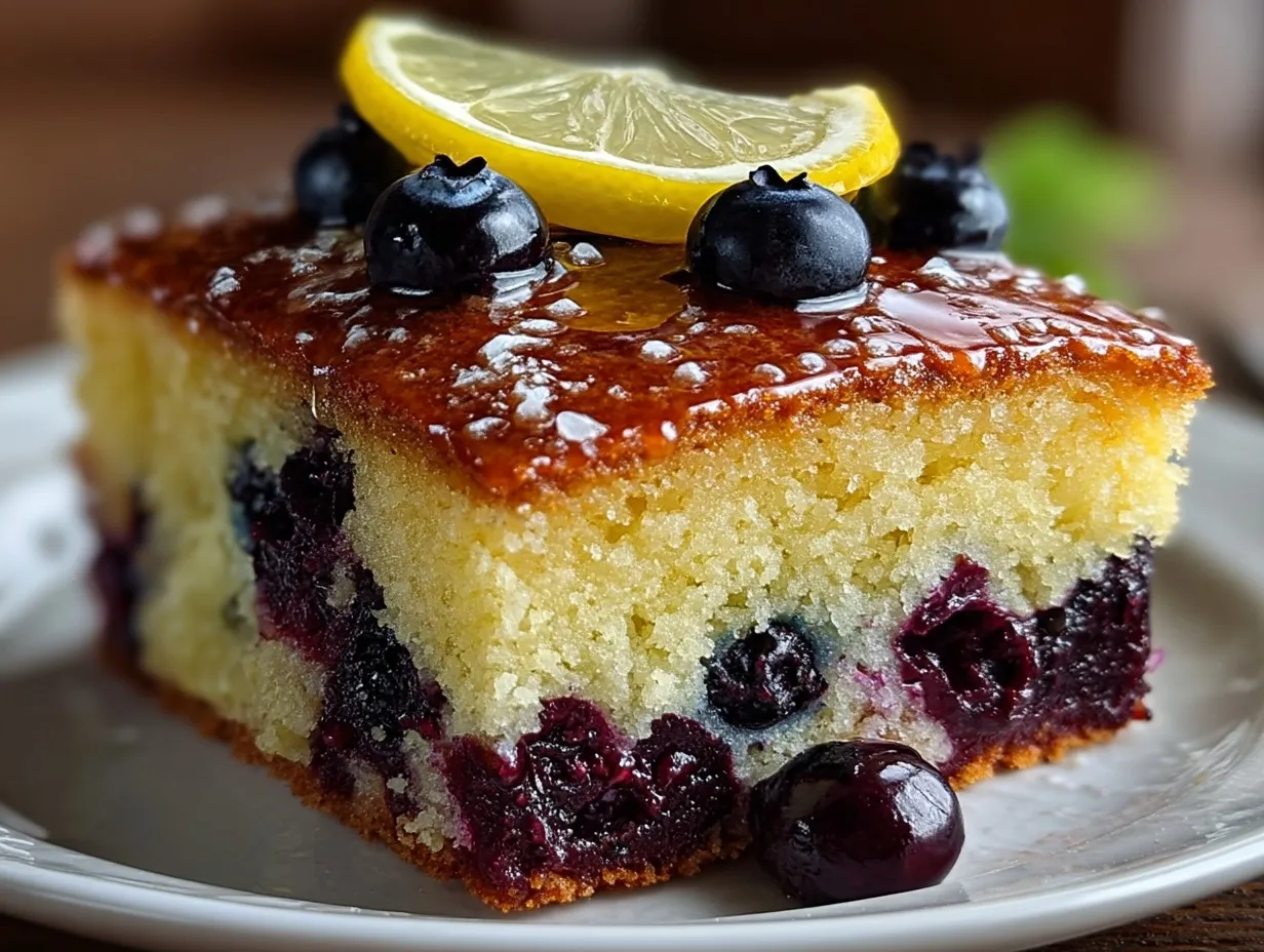 Lemon Blueberry Protein Sheet Cake served on a plate with fresh blueberries and lemon slices