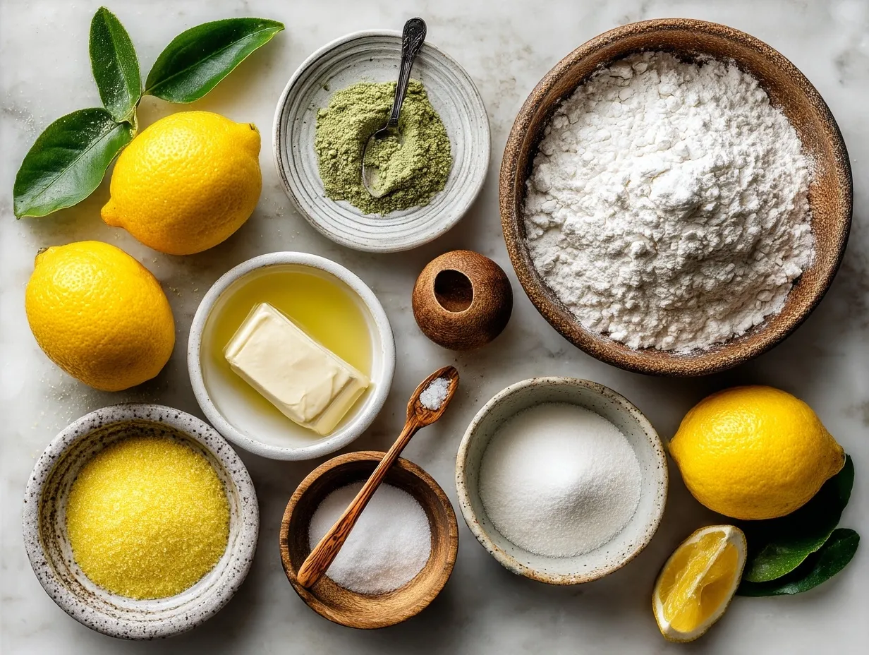 Ingredients for Lemon Zest Sugar Cookies including flour, sugar, lemon, and butter