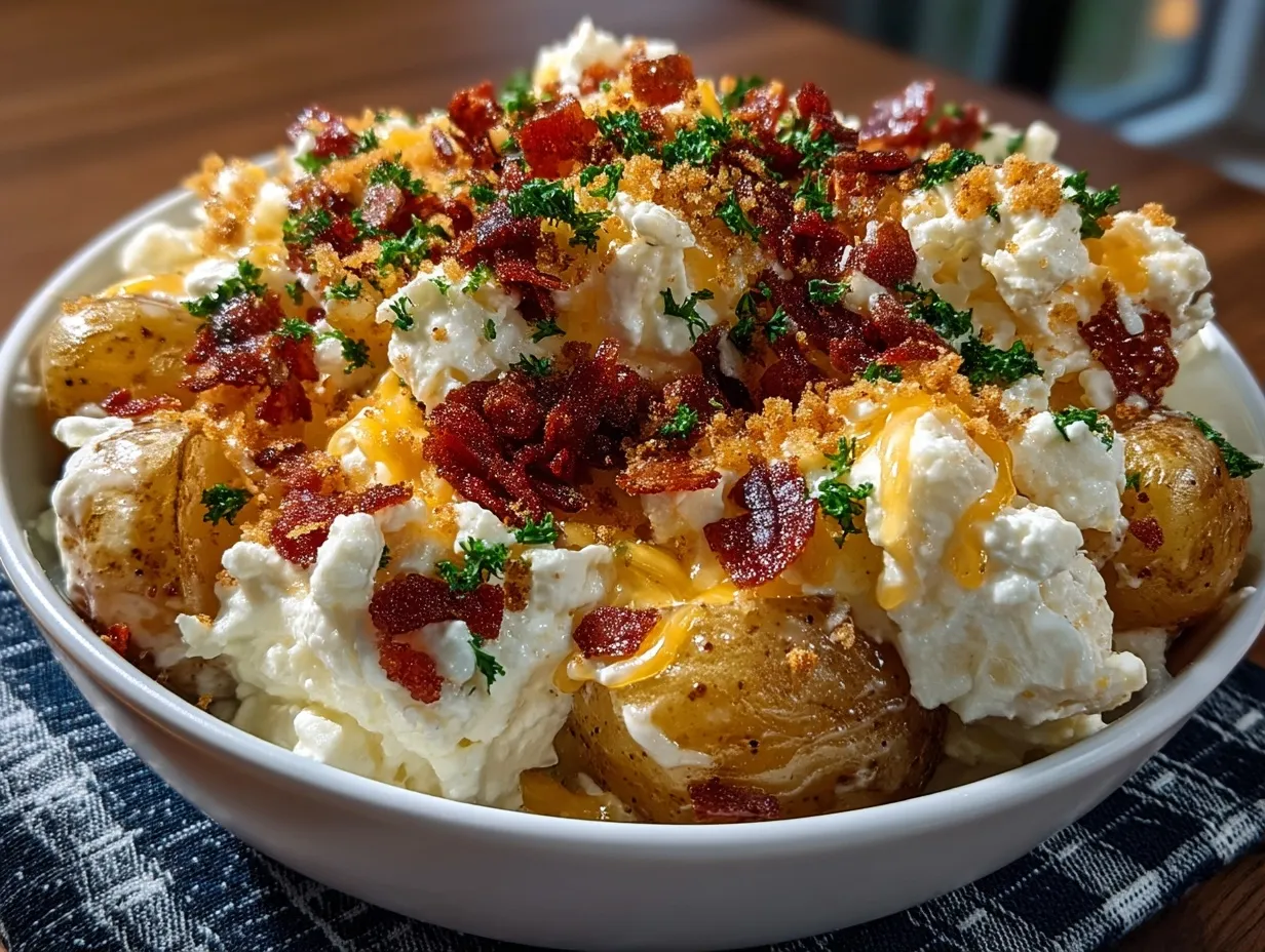 Loaded Cheddar Potato Salad served on a rustic plate, garnished with chives and bacon bits