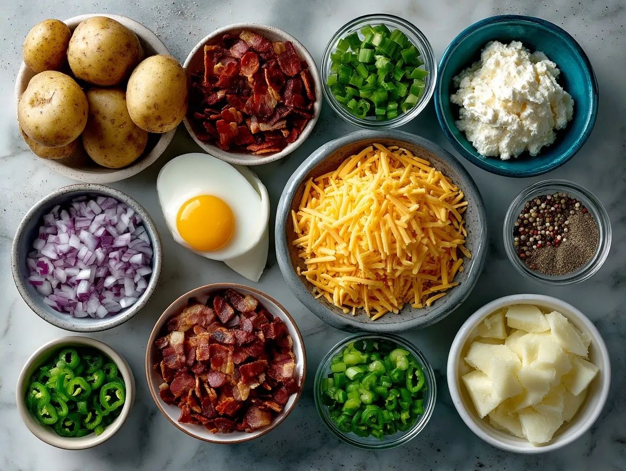 Ingredients laid out for Loaded Cheddar Potato Salad including potatoes, bacon, cheddar cheese, mayonnaise, and fresh chives
