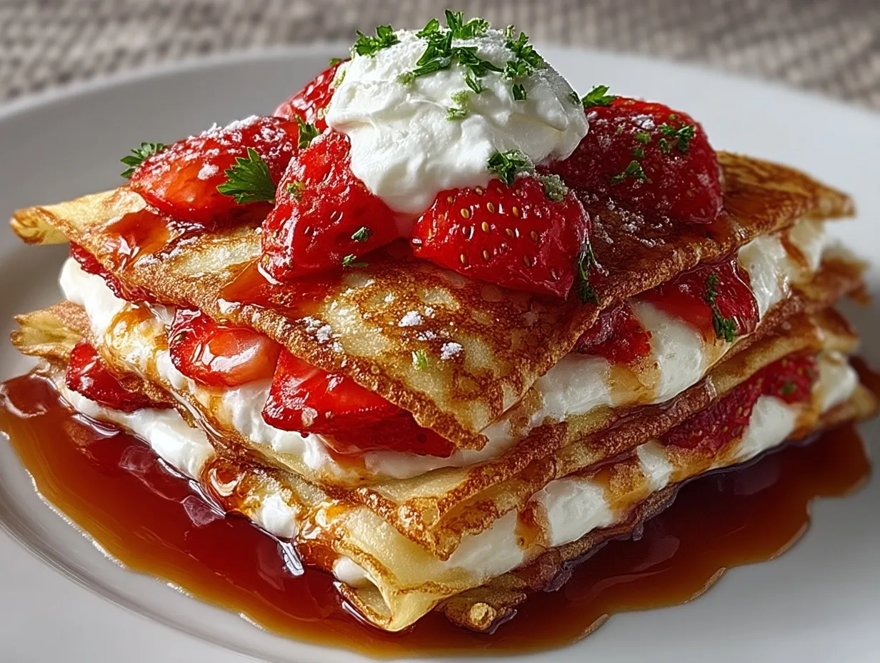 Serving Low Calorie Strawberry Crepes with fresh strawberries and Greek yogurt