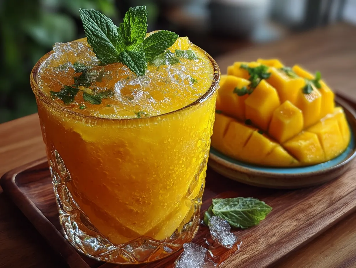 Fresh mango lemonade served in tall glasses with lemon slices and mint garnish