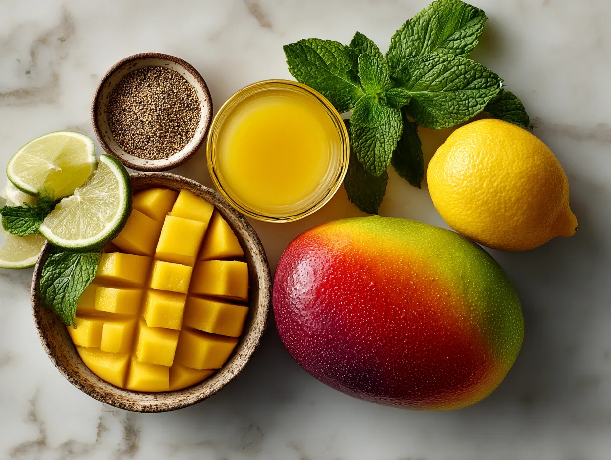 Ingredients for making fresh mango lemonade including mangoes, lemons, sugar and water