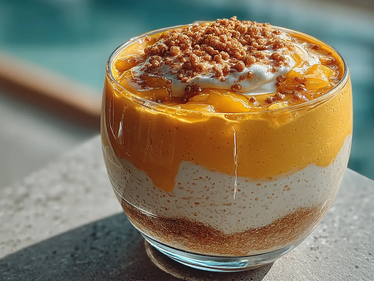 Serving presentation of Mango Pineapple Protein Lassi with garnish