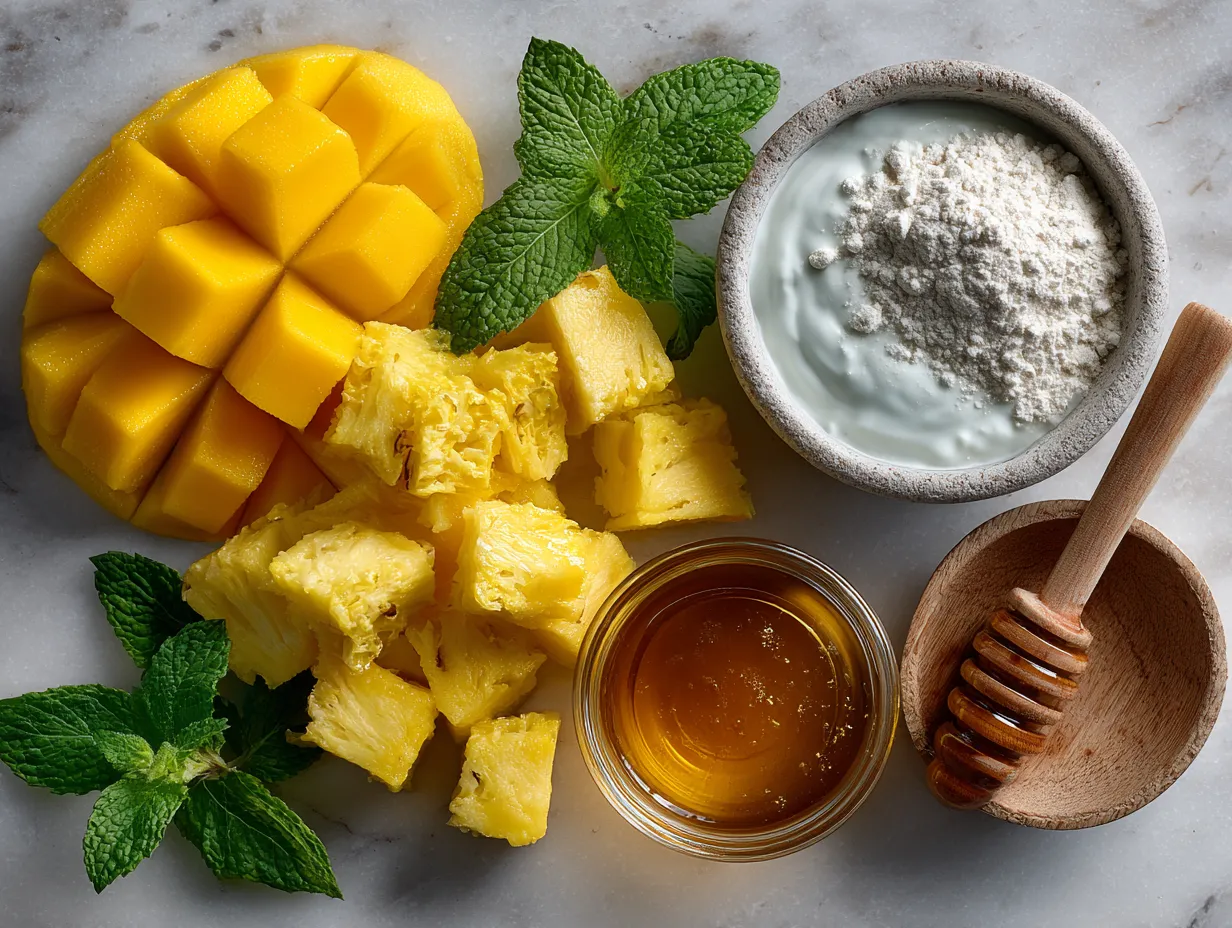 Ingredients laid out for Mango Pineapple Protein Lassi recipe
