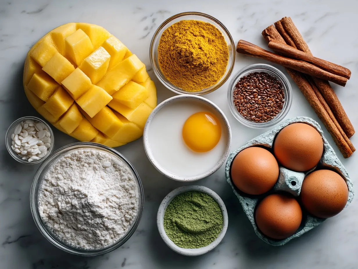 Ingredients for Mango Protein Sorbet - frozen mango chunks, yogurt, protein powder, honey, lime