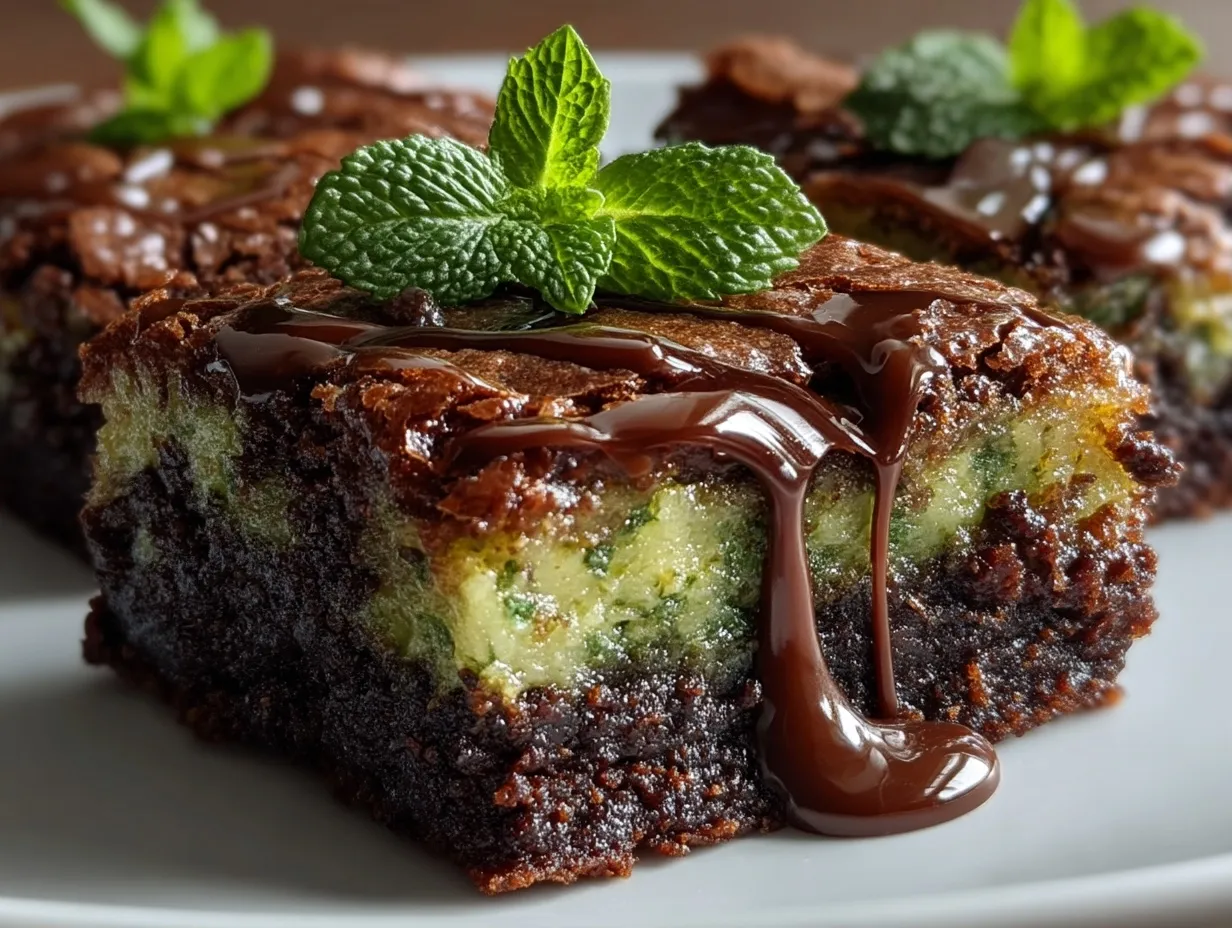 Mint Chocolate Chip Zucchini Brownies served with vanilla ice cream and fresh mint