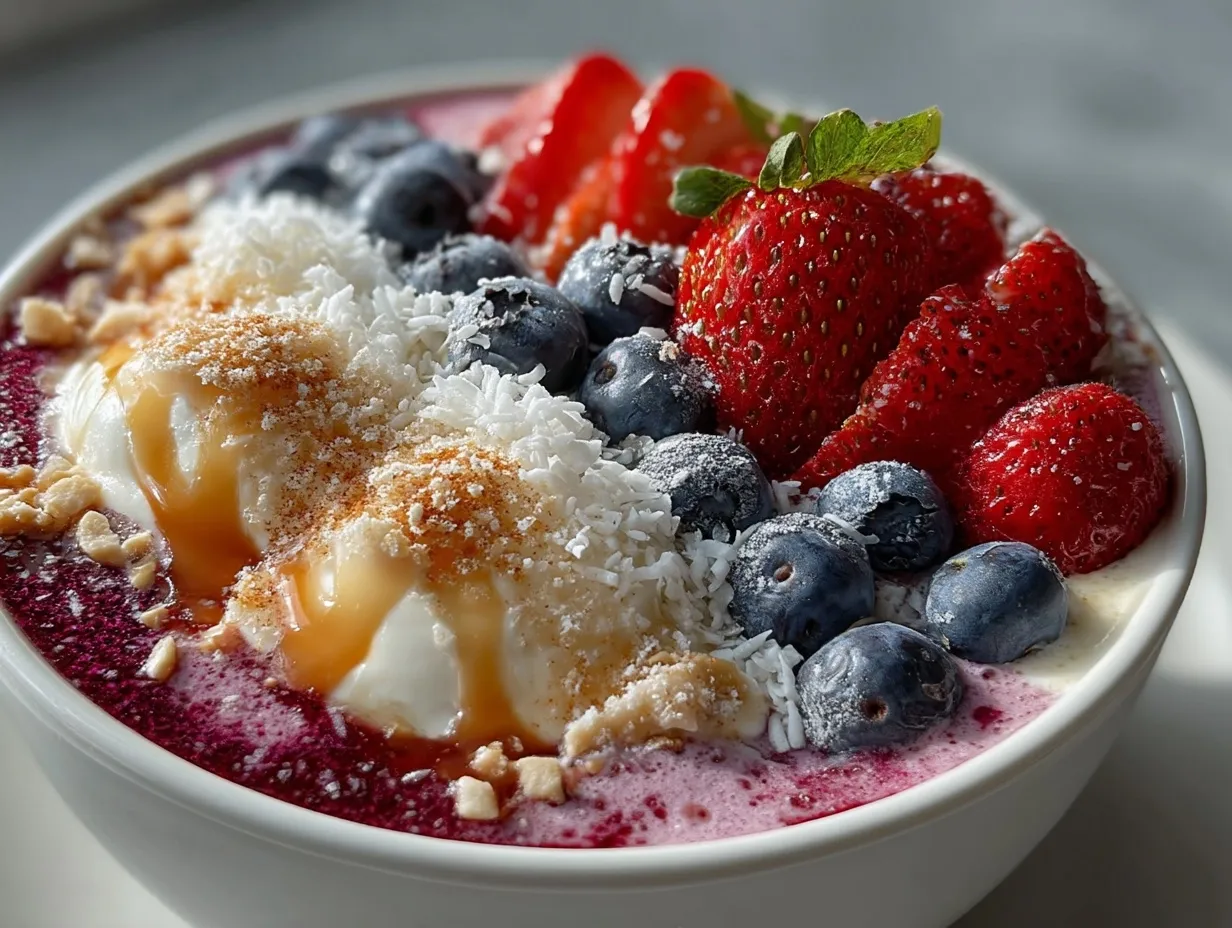 Mixed Berry Smoothie Bowl served with fresh toppings