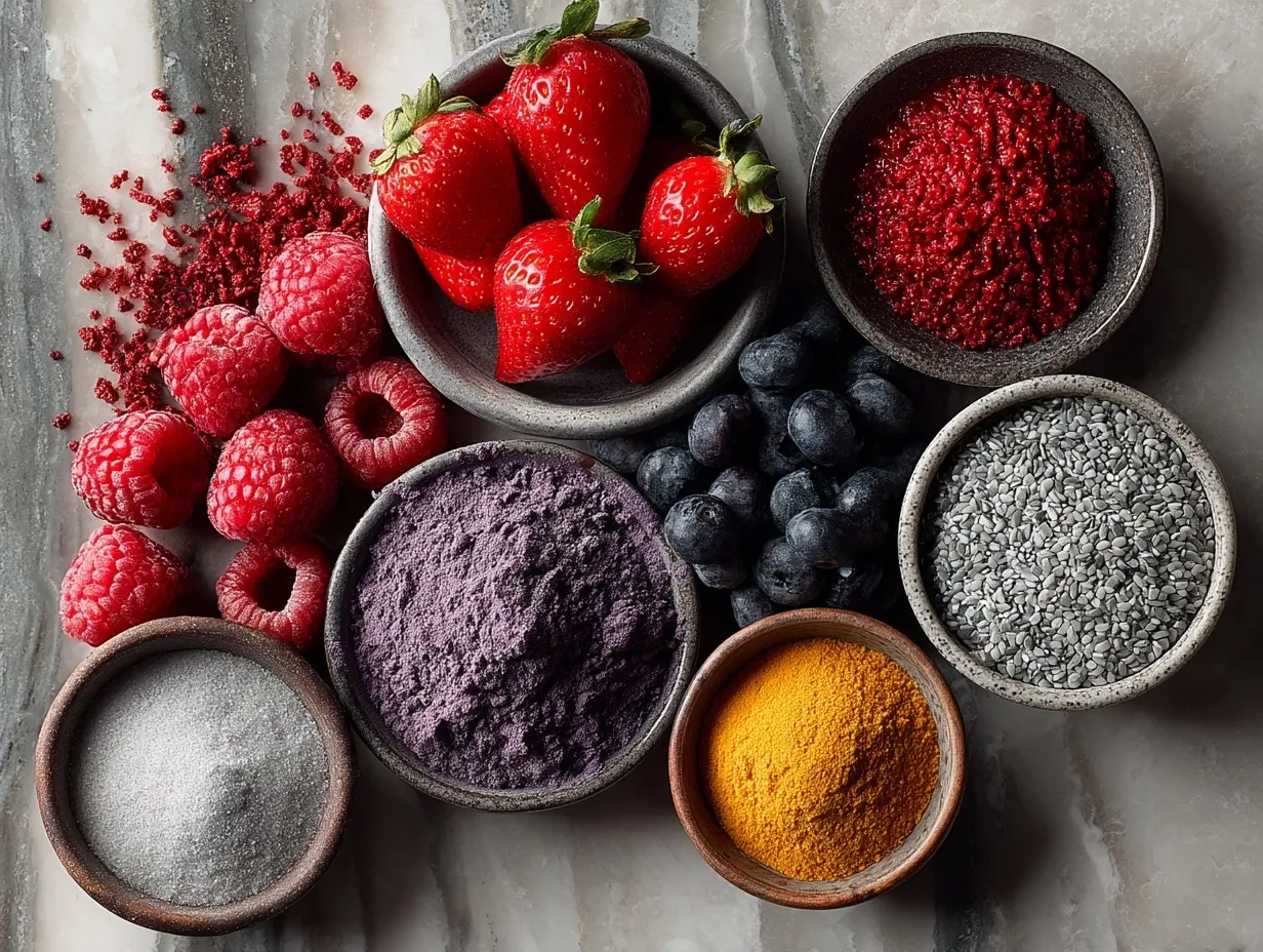Ingredients for Mixed Berry Smoothie Bowl including berries, banana, yogurt, almond milk, and chia seeds
