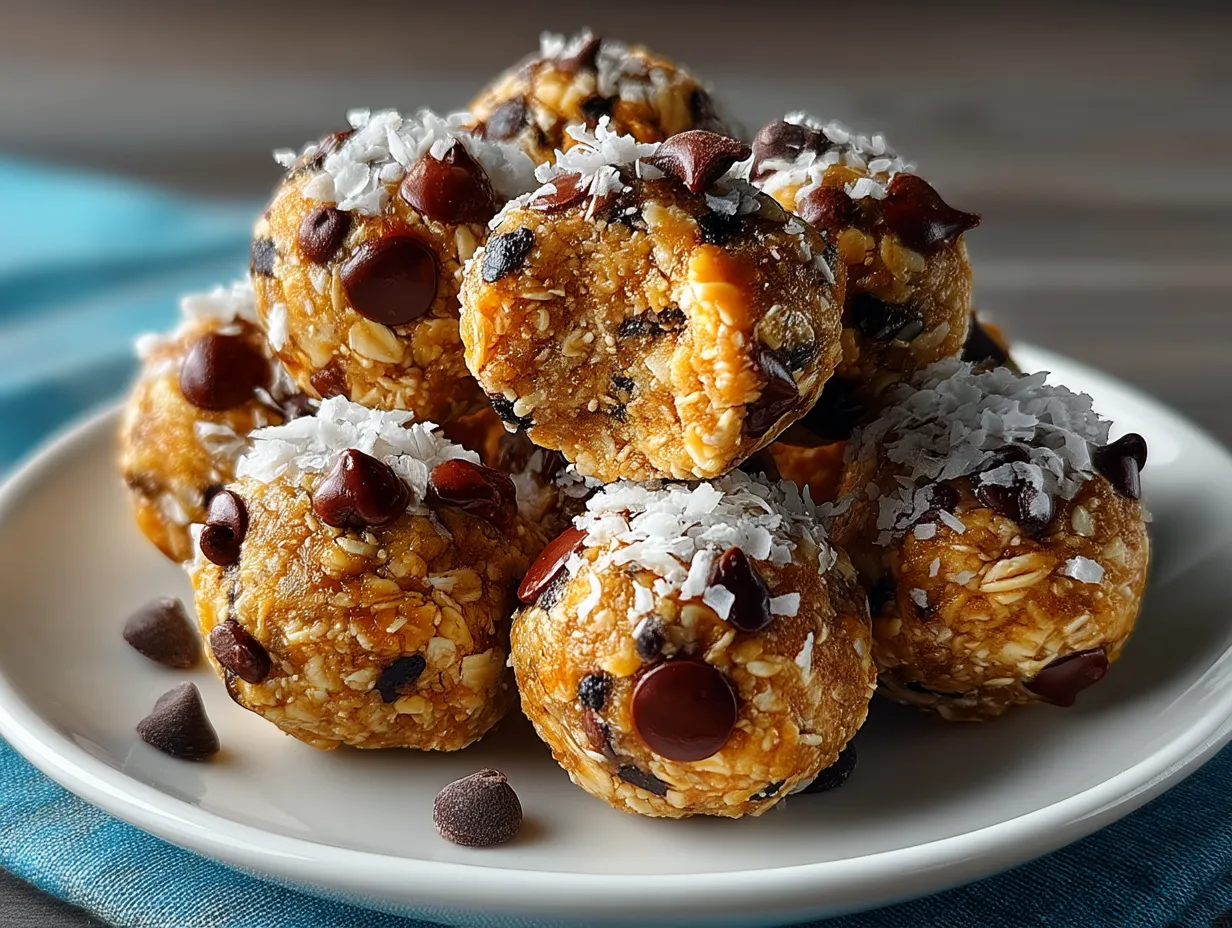 Served No-Bake Choc Chip Cookie Dough Protein Bites on a tray with fruit slices