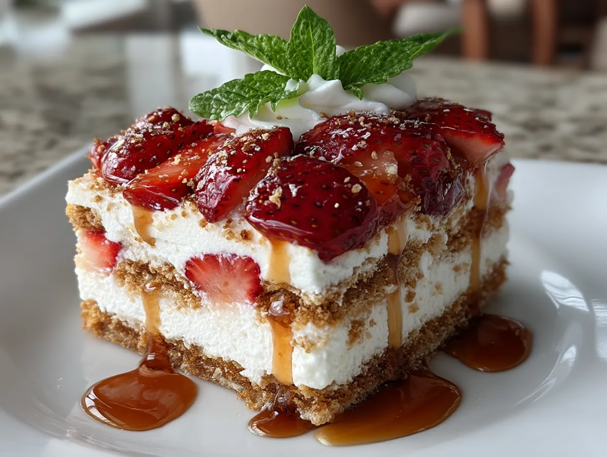 No-Bake Strawberry Icebox Cake served in a clear dish garnished with mint and powdered sugar