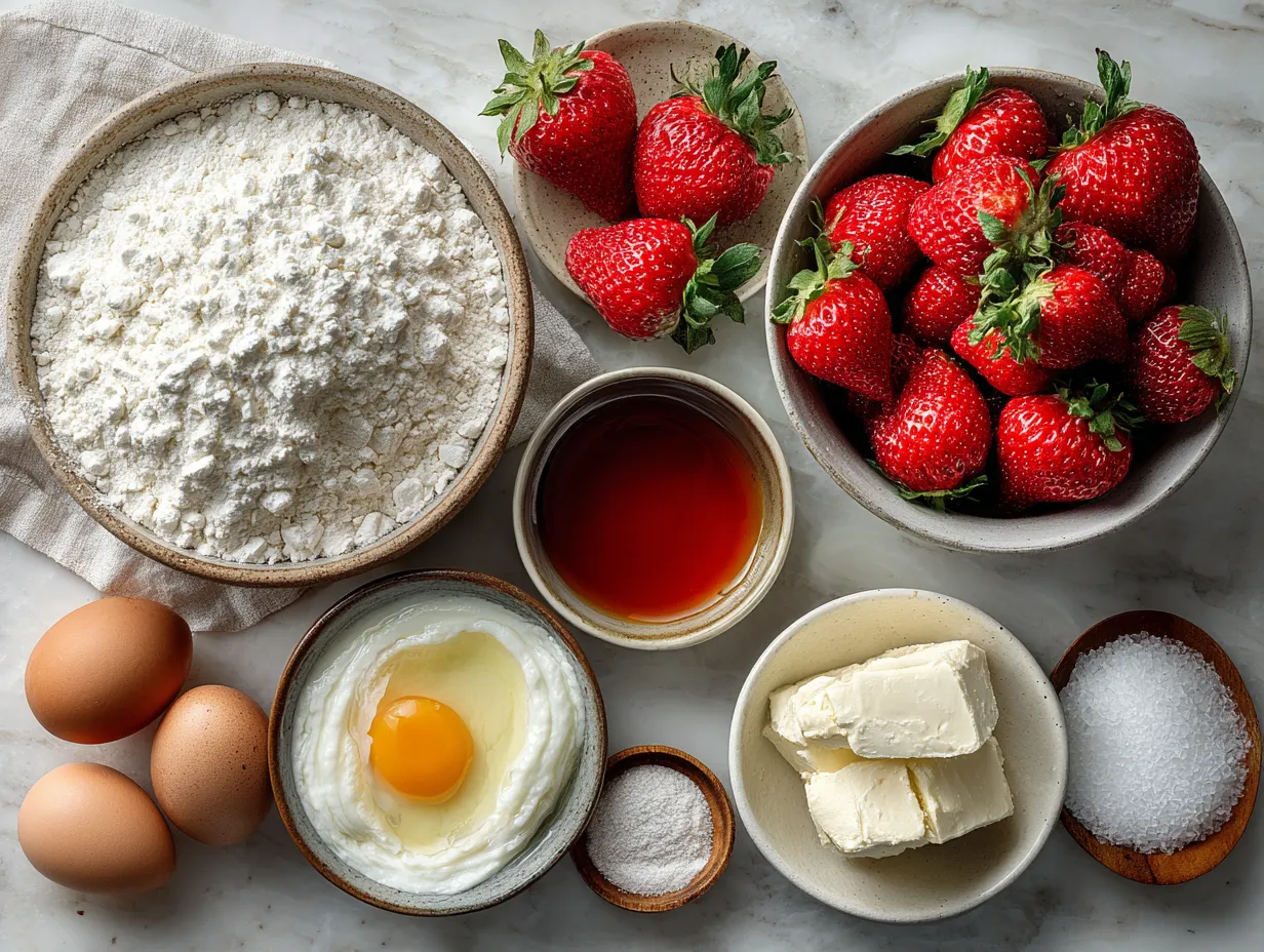 Fresh ingredients for No-Bake Strawberry Icebox Cake including strawberries, whipped cream, cookies, and powdered sugar
