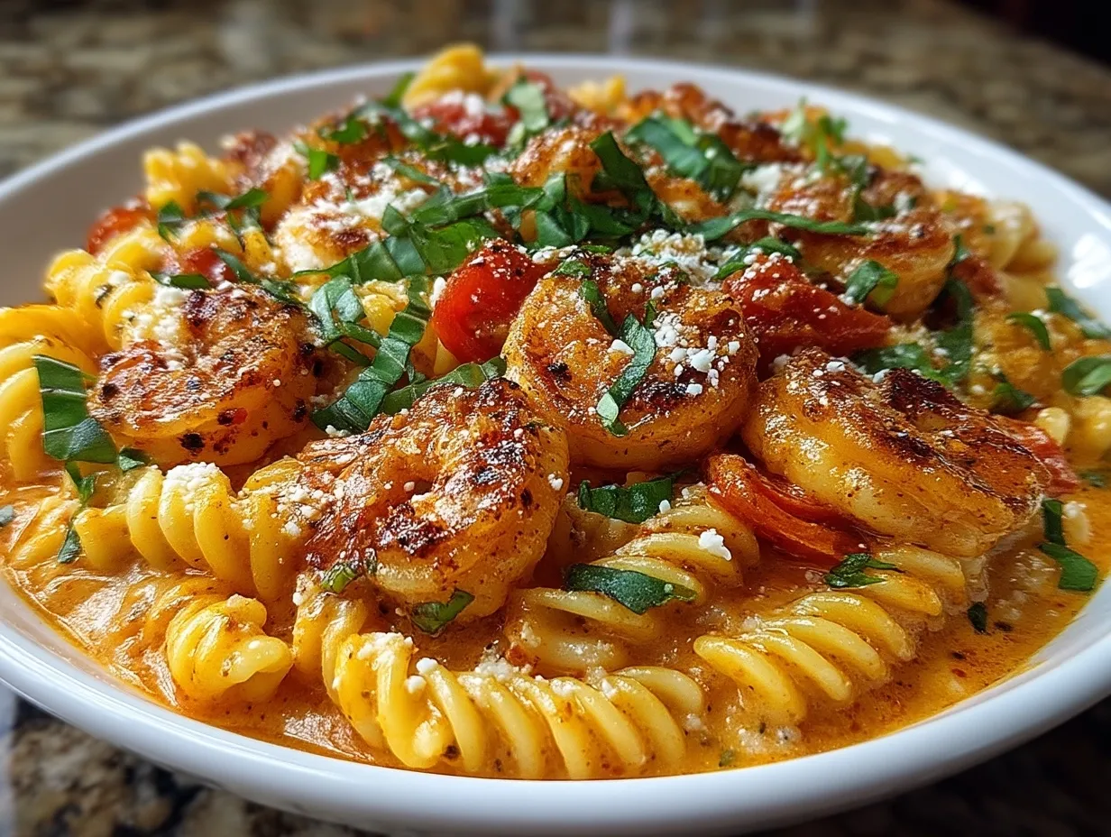 Serving One-Pot Creamy Tomato Basil Pasta with Shrimp