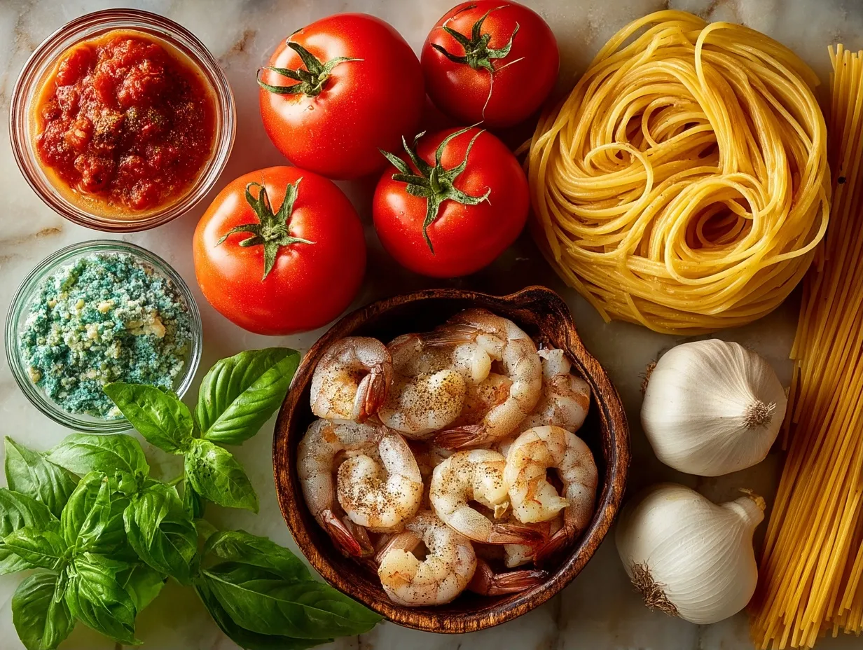 Ingredients for One-Pot Creamy Tomato Basil Pasta with Shrimp