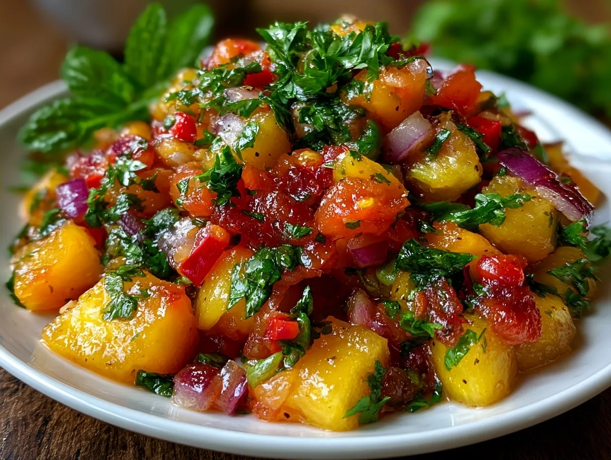 Dished grilled chicken topped with fresh peach salsa garnished with cilantro and lime wedges