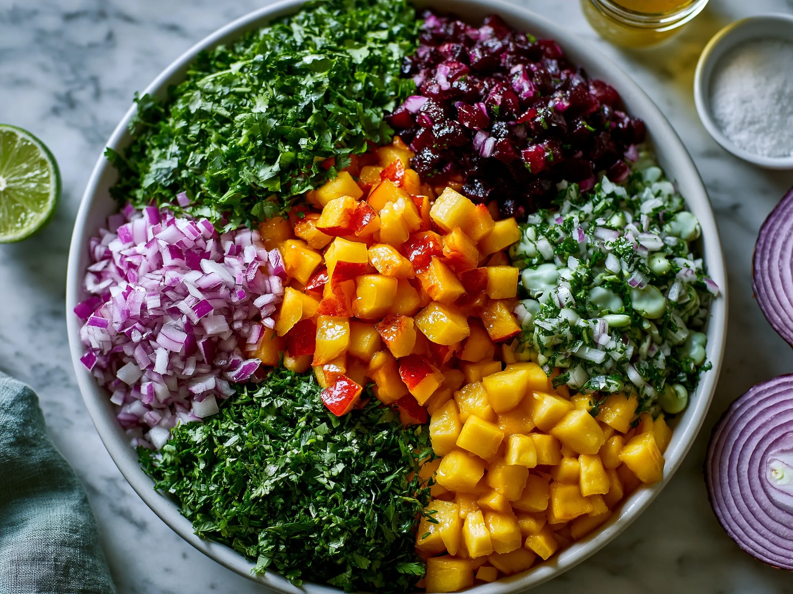 Fresh ingredients for peach salsa for grilled chicken including peaches, red onion, jalapeño, cilantro and lime