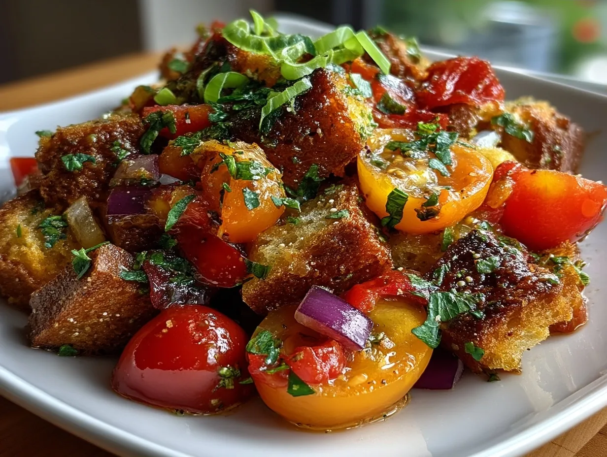 Freshly served Peach Tomato Panzanella salad in a large bowl