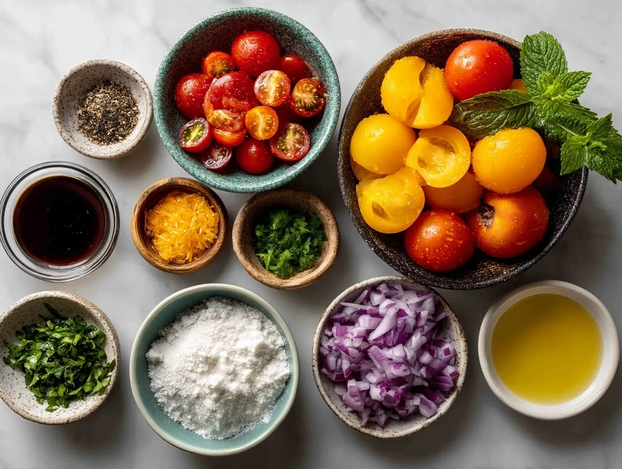 Ingredients for Peach Tomato Panzanella: peaches, heirloom tomatoes, bread, herbs, and olive oil