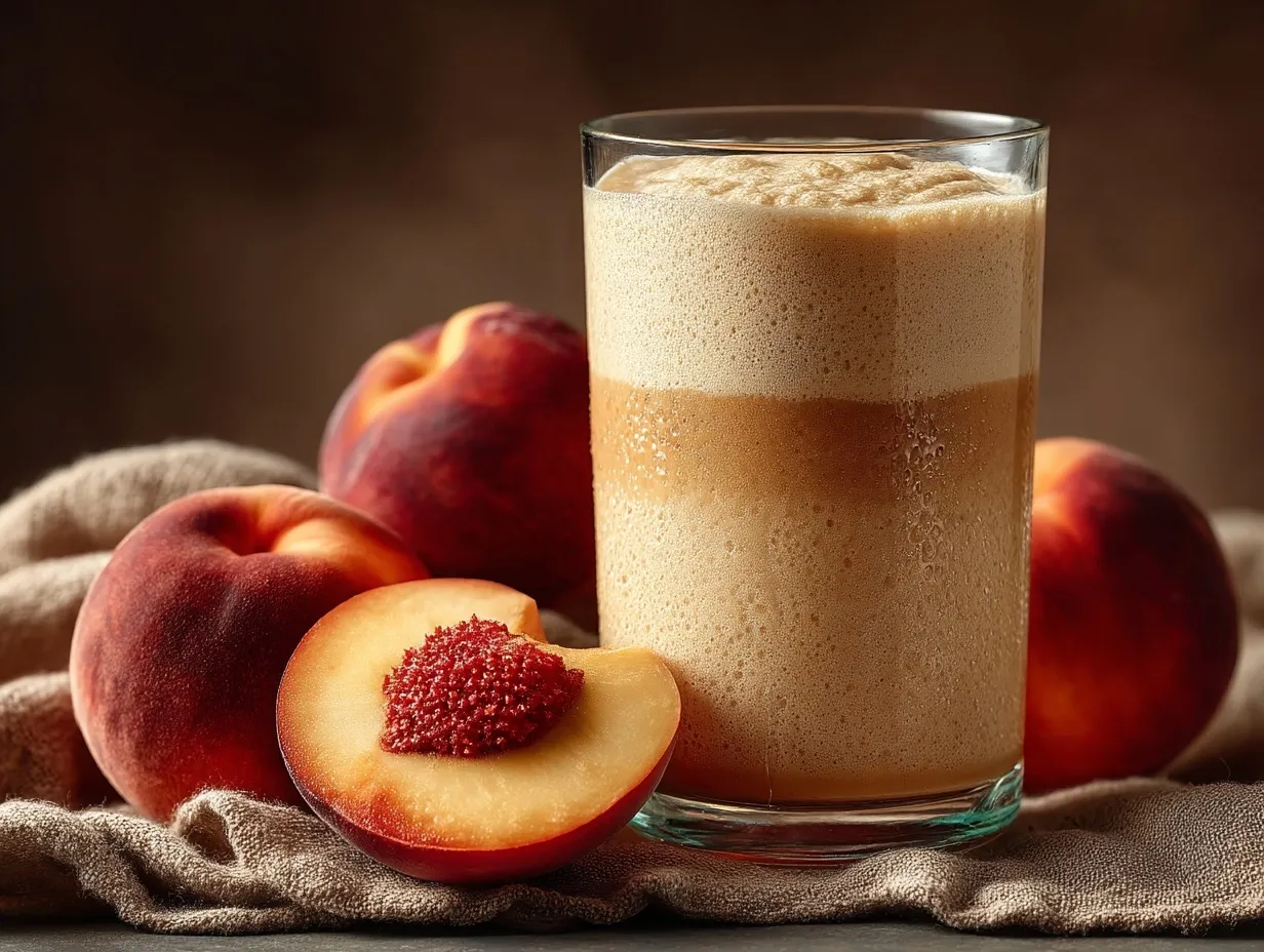 A glass of Peaches and Cream Whey Protein Shake served with fresh fruit and cinnamon