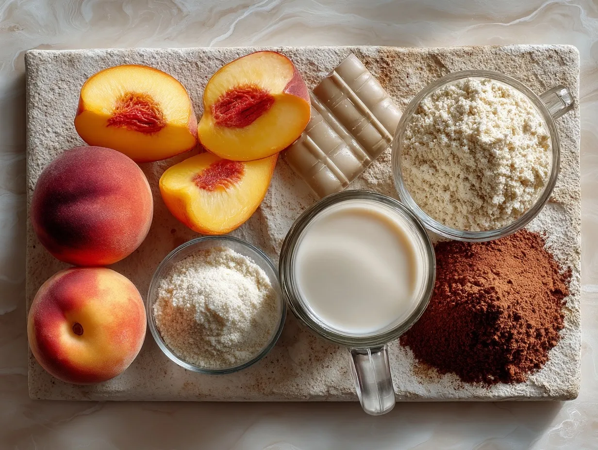 Ingredients for Peaches and Cream Whey Protein Shake on a white background