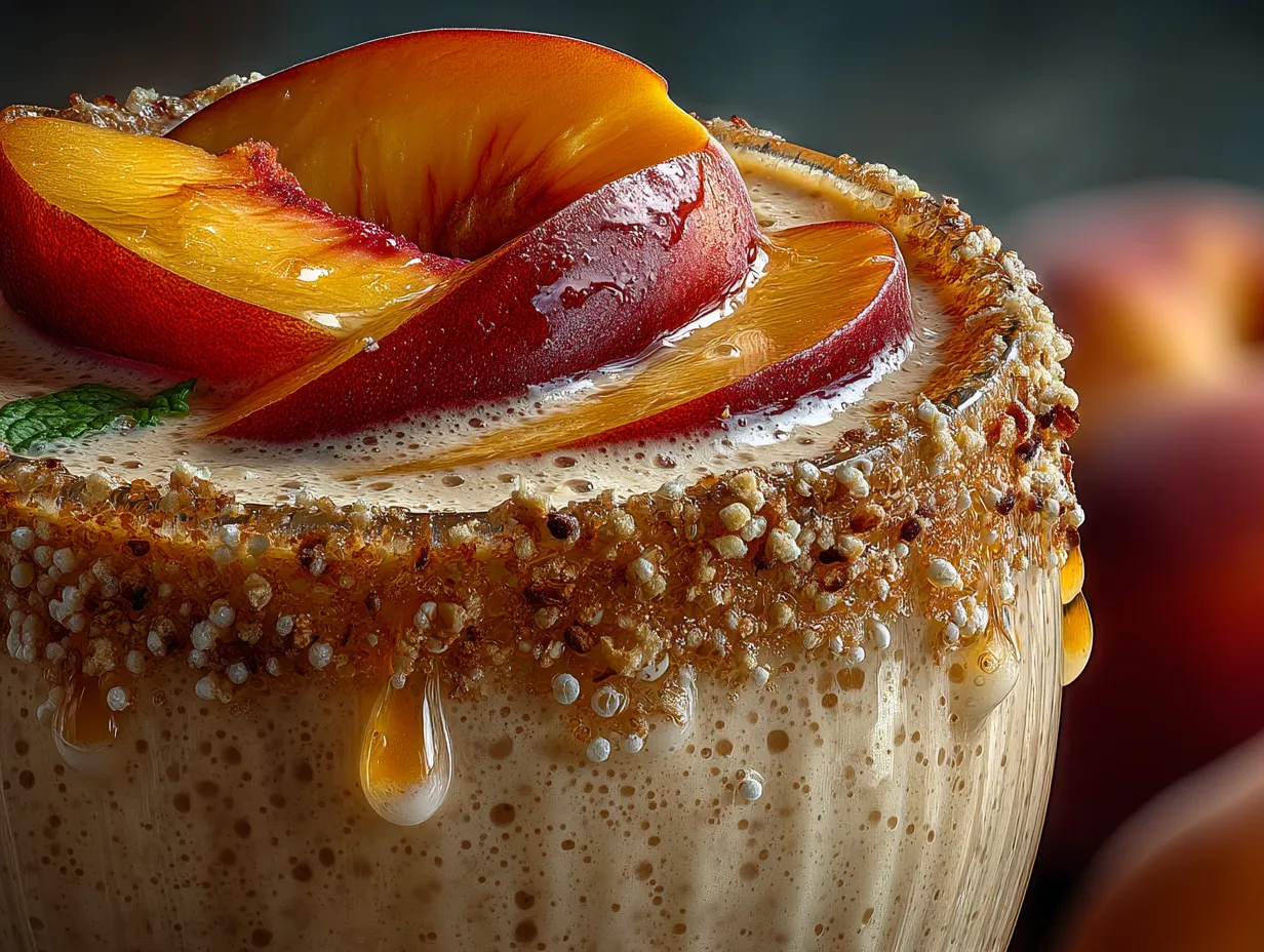 Peaches Cream Protein Shake served in a tall glass with garnish