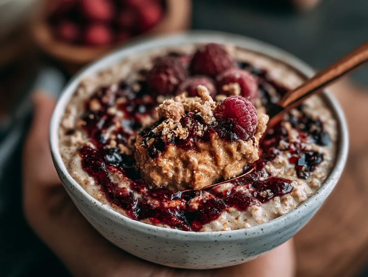 Serving Peanut Butter Jelly Protein Oats in a colorful bowl