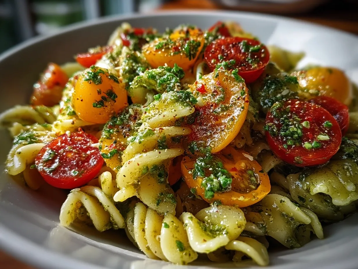 Freshly served pesto pasta salad with herbs