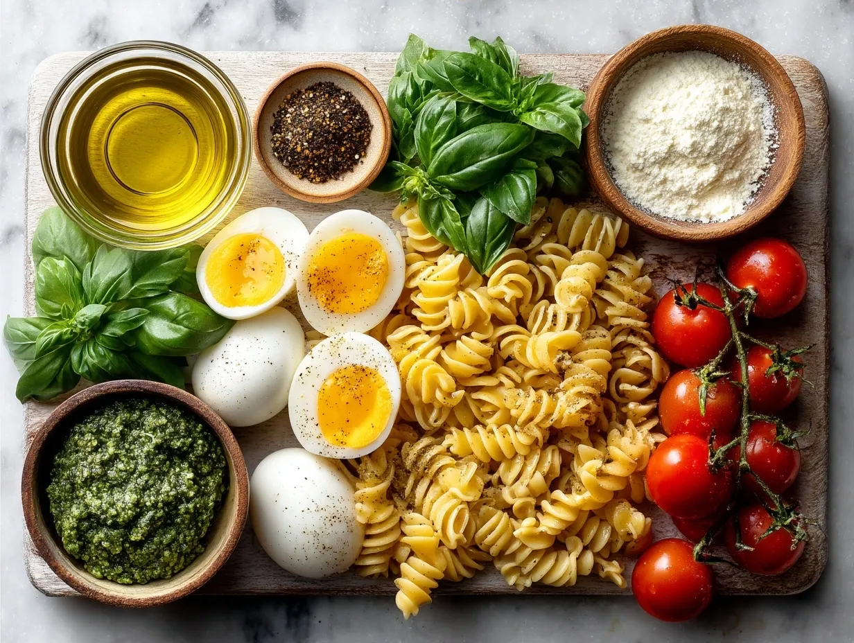 Ingredients arranged for making pesto pasta salad