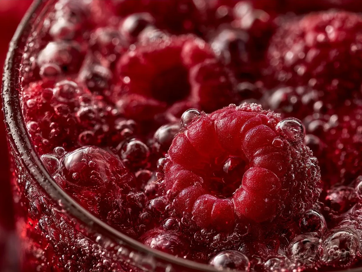 Glass of refreshing homemade Raspberry Lemonade with lemon slices and raspberries