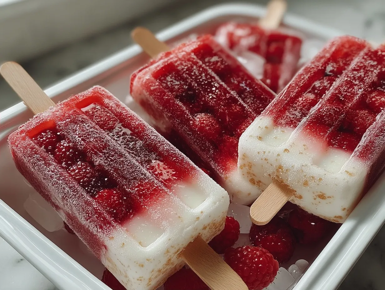 Bright Raspberry Lemonade Greek Yogurt Popsicles served on crushed ice with fresh mint leaves