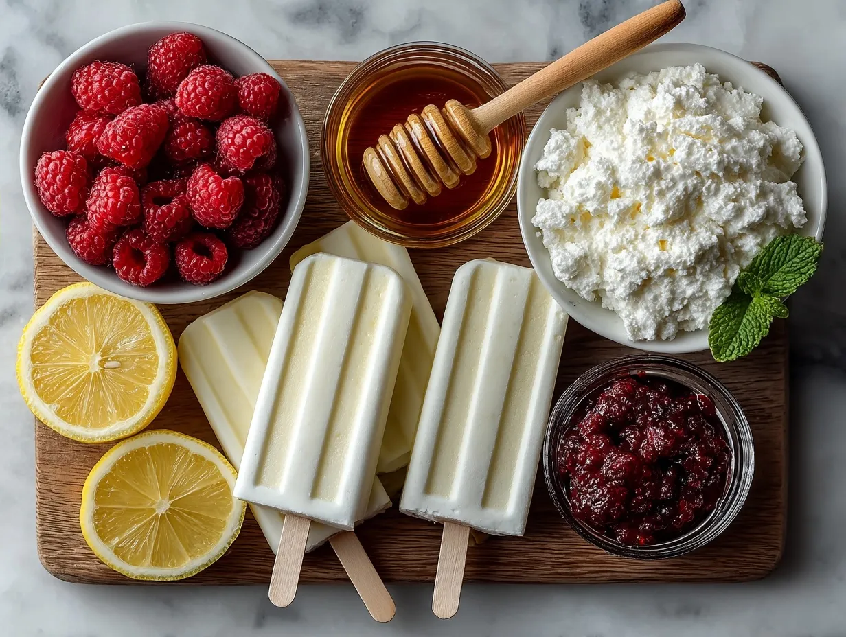 Ingredients for Raspberry Lemonade Greek Yogurt Popsicles including raspberries, lemon juice, Greek yogurt, honey, and vanilla extract
