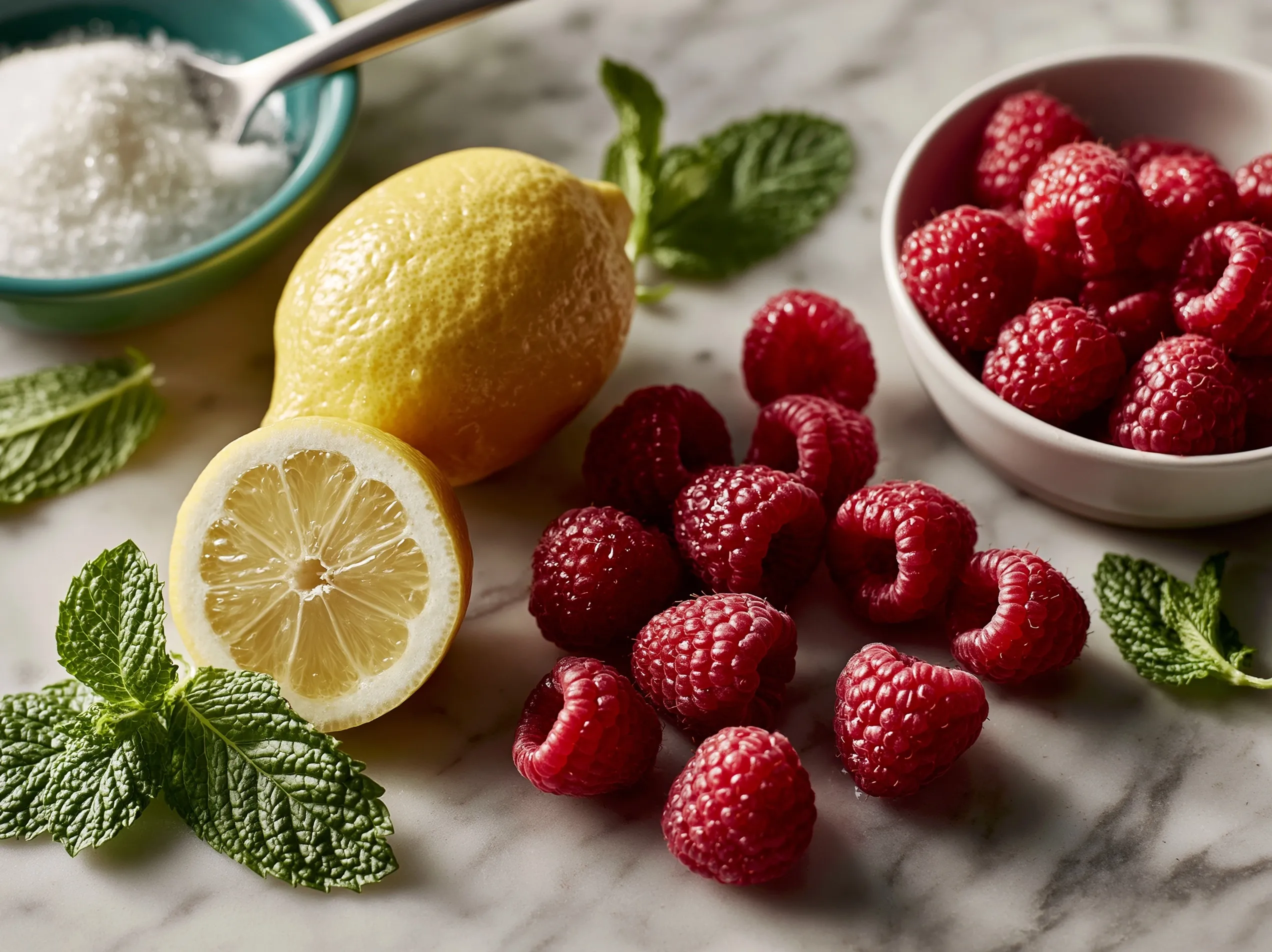 Fresh ingredients for homemade Raspberry Lemonade including raspberries, lemons, water, and sugar