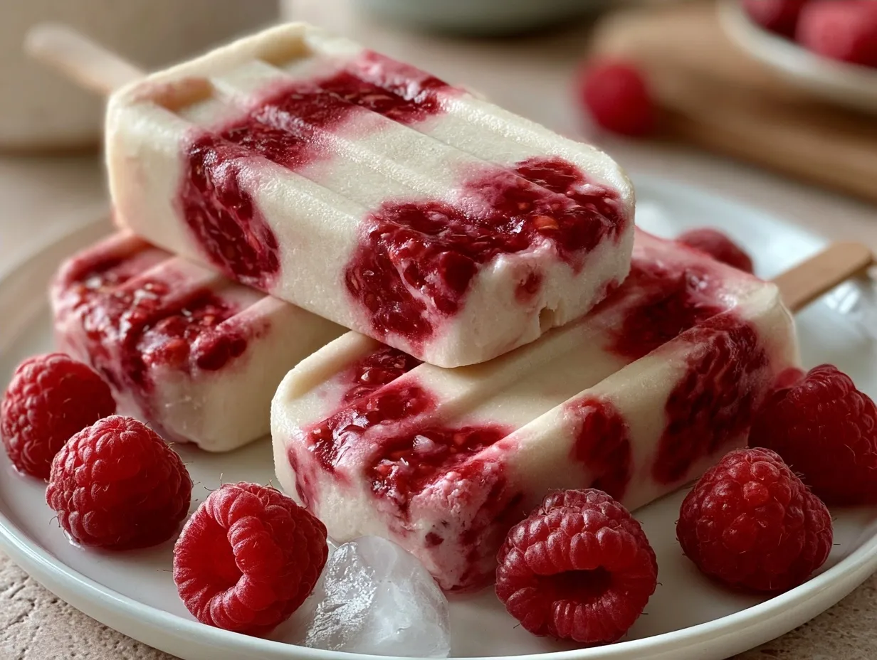 Raspberry Lemonade Protein Popsicles served on a tray with raspberries and lemon slices