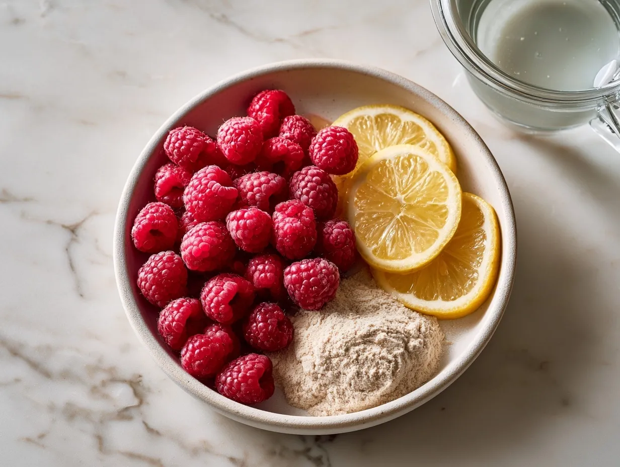 Ingredients for Raspberry Lemonade Protein Popsicles on a wooden table