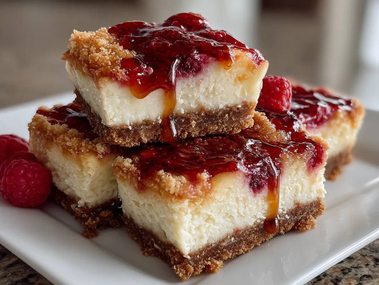 Finished Raspberry Swirl Cheesecake Bars cut into squares and served