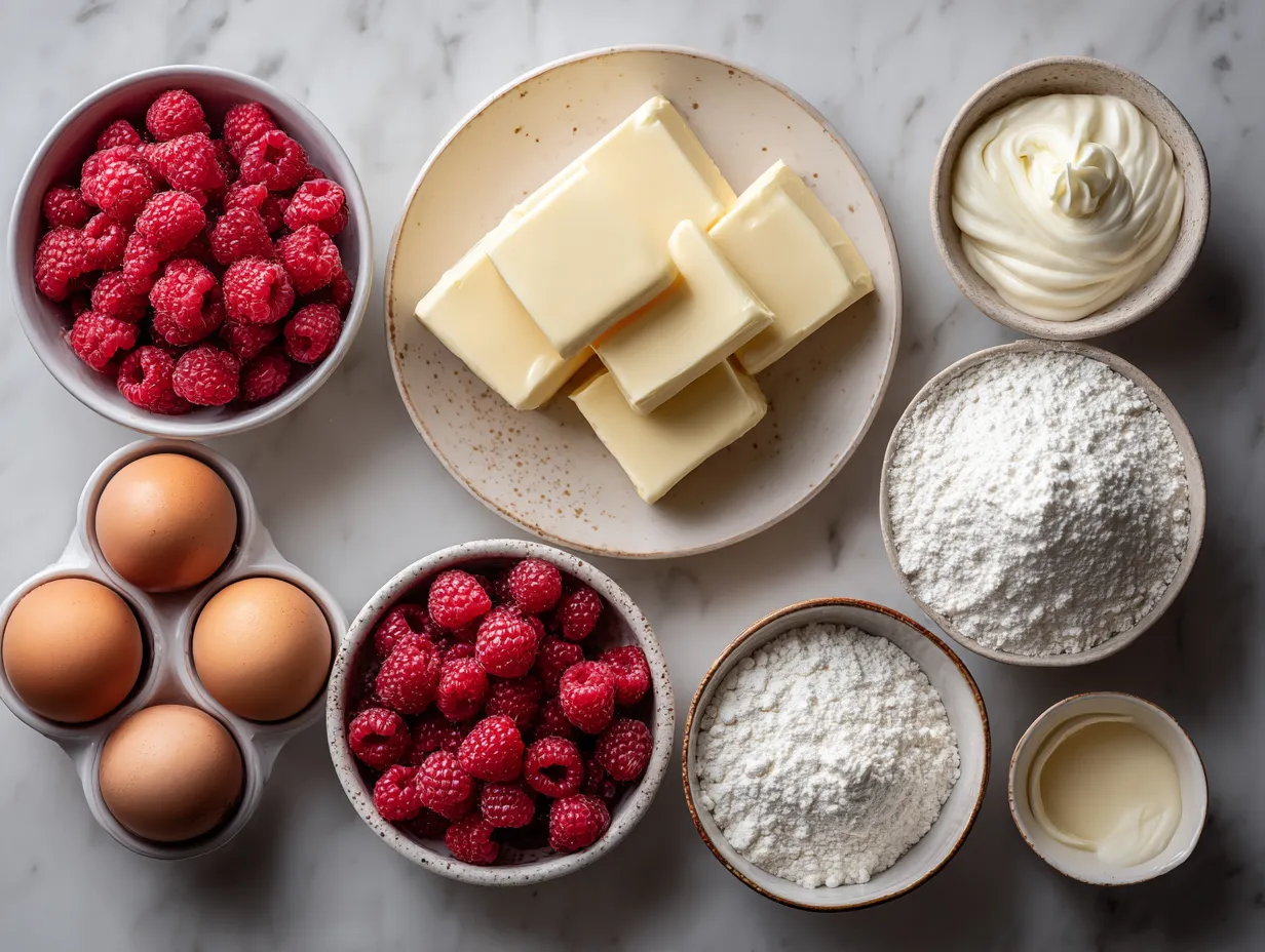 Ingredients laid out for Raspberry Swirl Cheesecake Bars low fat recipe