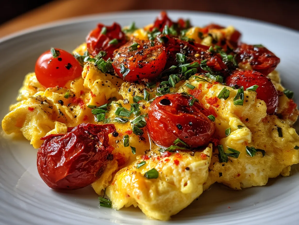Plate of Roasted Tomato Basil Egg Scramble served with toast and fresh greens